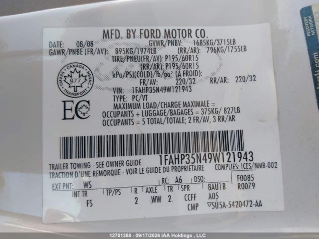 2009 Ford Focus Se მანქანა იყიდება აუქციონზე, vin: 1FAHP35N49W121943, აუქციონის ნომერი: 12701388