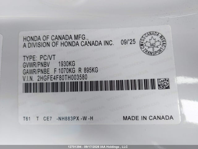 2HGFE4F80TH003580 Honda Civic Sport Hybrid/sport Touring Hybrid