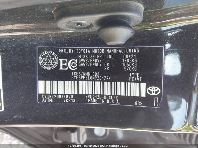 Продаж на аукціоні авто 2022 Toyota Corolla Le/xle, vin: 5YFBPMBE6NP281724, номер лоту: 12701395
