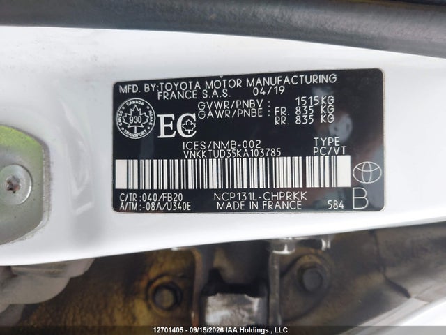 12701405 :رقم المزاد ، VNKKTUD35KA103785 vin ، 2019 Toyota Yaris L/le/se مزاد بيع