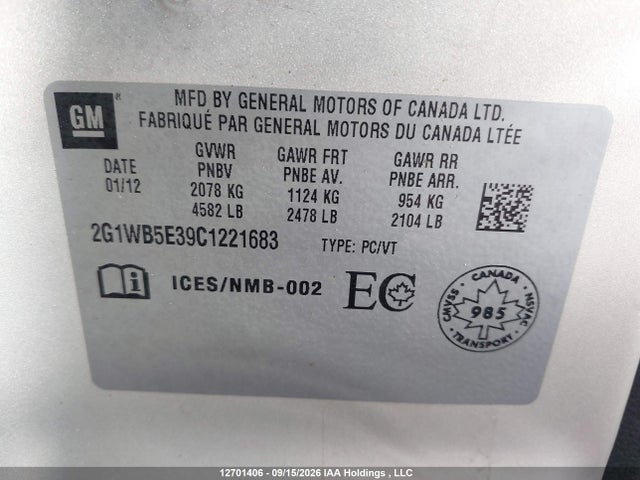 Aukcja sprzedaży 2012 Chevrolet Impala Lt, vin: 2G1WB5E39C1221683, numer aukcji: 12701406