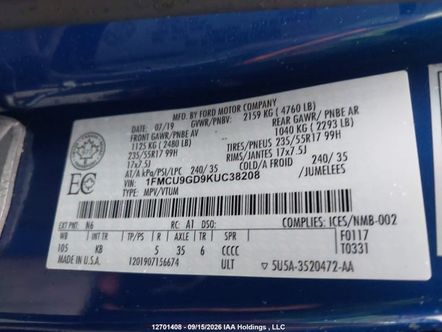1FMCU9GD9KUC38208 Ford ESCAPE SE