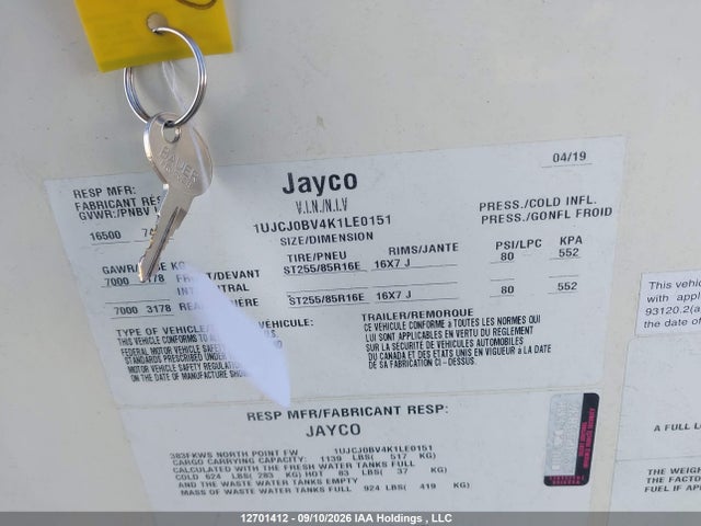 Aukcja sprzedaży 2019 Jayco Jayco, vin: 1UJCJ0BV4K1LE0151, numer aukcji: 12701412