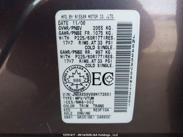 Aukcja sprzedaży 2009 Nissan Rogue Sl, vin: JN8AS58V89W173551, numer aukcji: 12701417