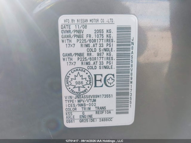 Aukcja sprzedaży 2009 Nissan Rogue Sl, vin: JN8AS58V89W173551, numer aukcji: 12701417