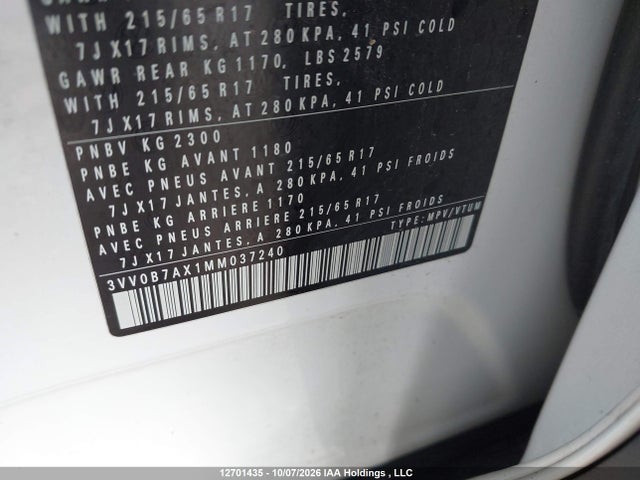 Продаж на аукціоні авто 2021 Volkswagen Tiguan, vin: 3VV0B7AX1MM037240, номер лоту: 12701435