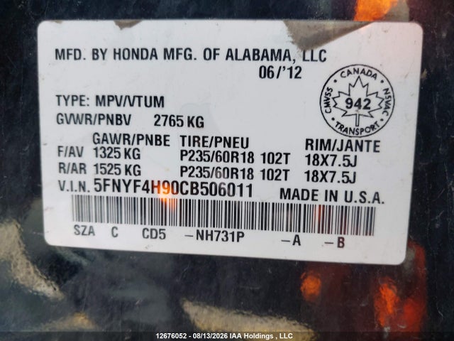 2012 Honda Pilot Touring მანქანა იყიდება აუქციონზე, vin: 5FNYF4H90CB506011, აუქციონის ნომერი: 12676052