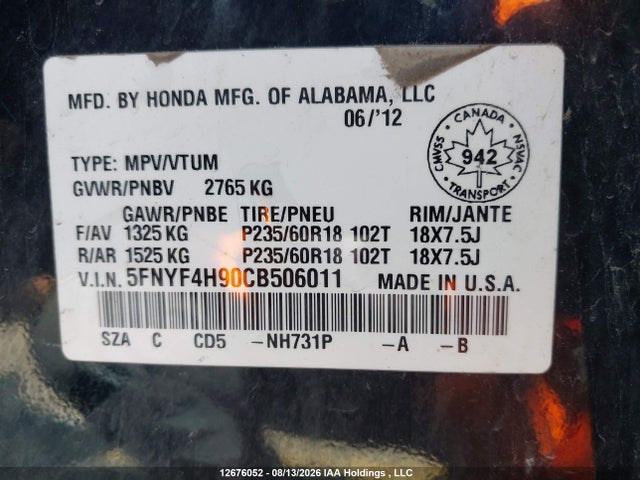 2012 Honda Pilot Touring მანქანა იყიდება აუქციონზე, vin: 5FNYF4H90CB506011, აუქციონის ნომერი: 12676052
