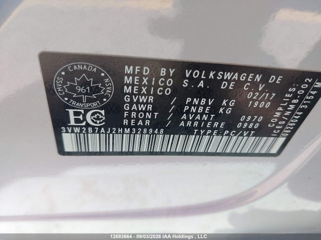Aukcja sprzedaży 2017 Volkswagen Jetta 1.4 Tsi Trendline+, vin: 3VW2B7AJ2HM328948, numer aukcji: 12693664