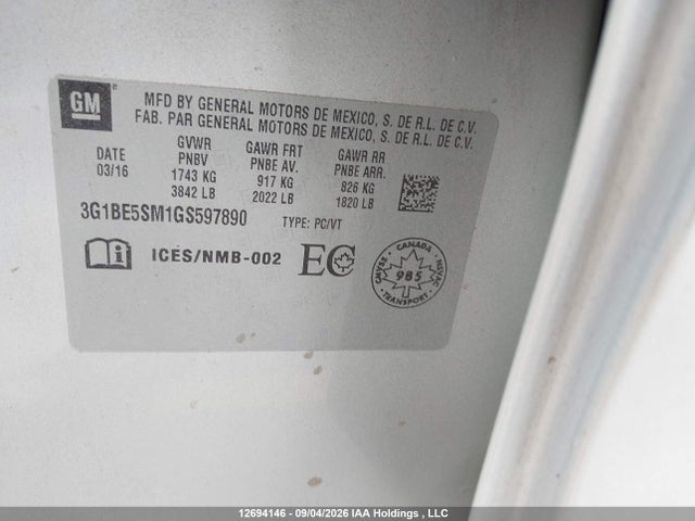 Chevrolet Cruze Lt Auto 2016 3G1BE5SM1GS597890 Image 19