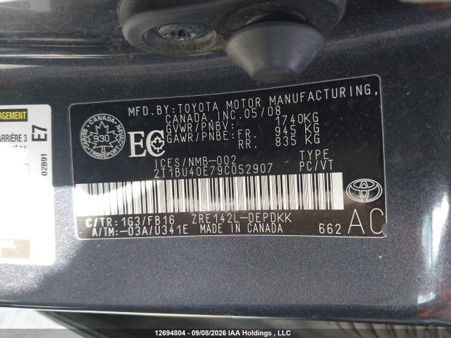 12694804 :رقم المزاد ، 2T1BU40E79C052907 vin ، 2009 Toyota Corolla Ce مزاد بيع
