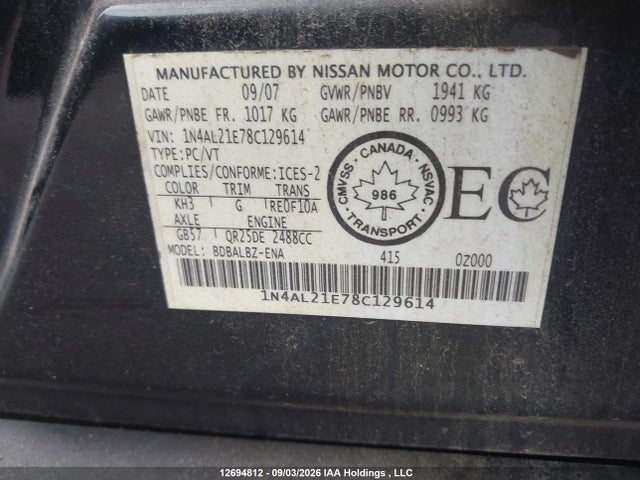 Aukcja sprzedaży 2008 Nissan Altima 2.5 S, vin: 1N4AL21E78C129614, numer aukcji: 12694812