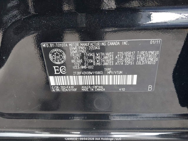 12695032 :رقم المزاد ، 2T3BF4DV0BW115863 vin ، 2011 Toyota Rav4 مزاد بيع