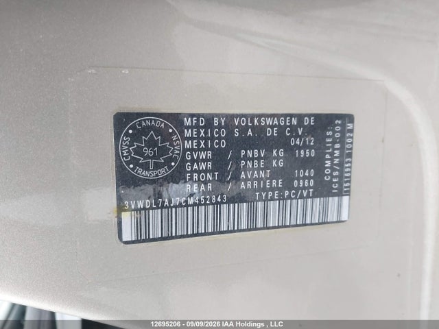 12695206 :رقم المزاد ، 3VWDL7AJ7CM452843 vin ، 2012 Volkswagen Jetta 2.0 Tdi Comfortline مزاد بيع