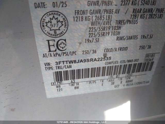 12701449 :رقم المزاد ، 3FTTW8JA9SRA22535 vin ، 2025 Ford Maverick مزاد بيع