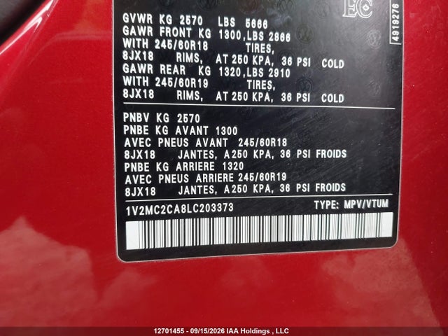 12701455 :رقم المزاد ، 1V2MC2CA8LC203373 vin ، 2020 Volkswagen Atlas Cross Sport Sel مزاد بيع