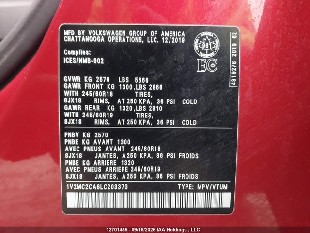 12701455 :رقم المزاد ، 1V2MC2CA8LC203373 vin ، 2020 Volkswagen Atlas Cross Sport Sel مزاد بيع