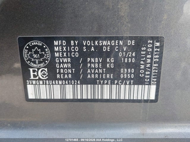 Aukcja sprzedaży 2024 Volkswagen Jetta Highline, vin: 3VWGM7BU4RM041024, numer aukcji: 12701465