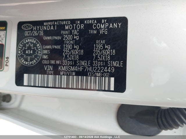 Продажа на аукционе авто 2017 Hyundai Santa Fe Se, vin: KM8SM4HF7HU222449, номер лота: 12701483