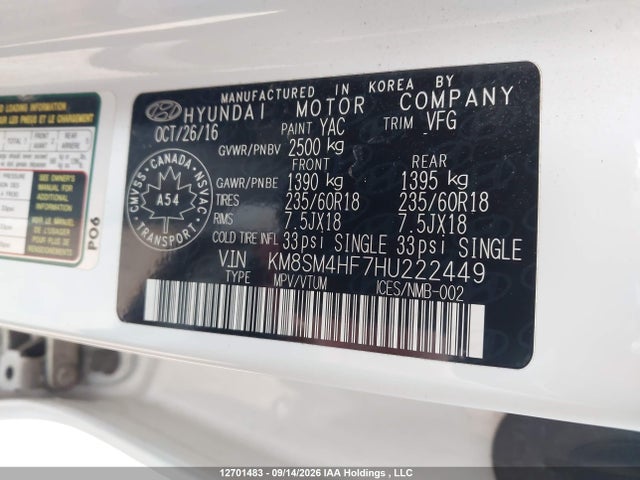 Продажа на аукционе авто 2017 Hyundai Santa Fe Se, vin: KM8SM4HF7HU222449, номер лота: 12701483