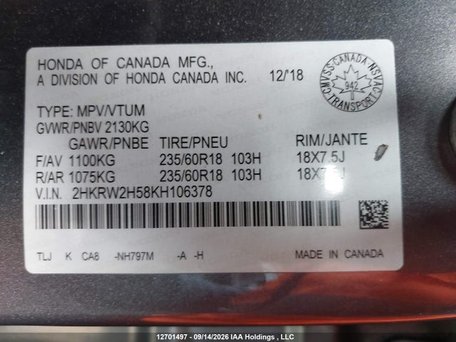 Honda CR-V EX 2019 2HKRW2H58KH106378 Image 19