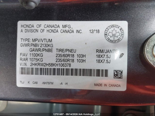 Honda CR-V EX 2019 2HKRW2H58KH106378 Image 9