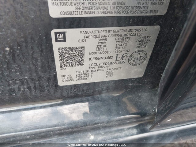 2021 Chevrolet Silverado K1500 Rst მანქანა იყიდება აუქციონზე, vin: 1GCUYEED4MZ214655, აუქციონის ნომერი: 12701538