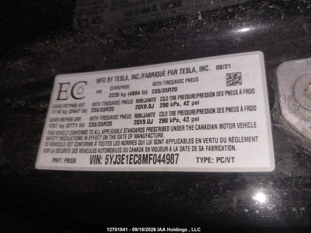 Aukcja sprzedaży 2021 Tesla Model 3, vin: 5YJ3E1EC8MF044987, numer aukcji: 12701541