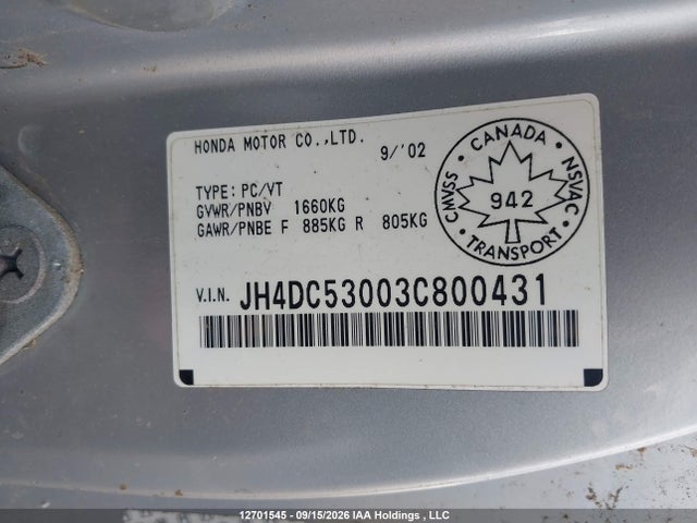Auction sale of the 2003 Acura Rsx, vin: JH4DC53003C800431, lot number: 12701545