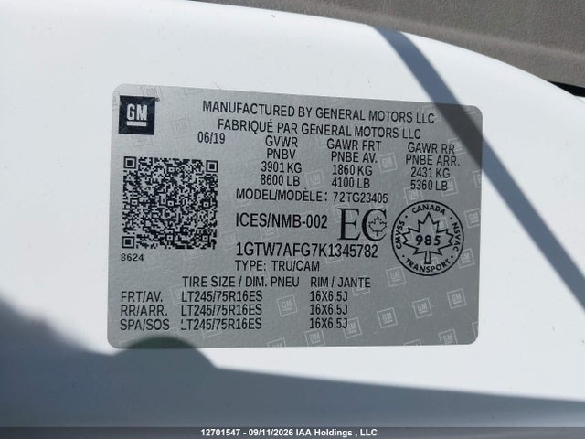 Aukcja sprzedaży 2019 Gmc Savana G2500, vin: 1GTW7AFG7K1345782, numer aukcji: 12701547