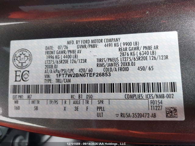12701559 :رقم المزاد ، 1FT7W2BN6TEF26853 vin ، 2026 Ford F250 Super Duty مزاد بيع