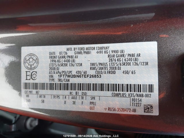 12701559 :رقم المزاد ، 1FT7W2BN6TEF26853 vin ، 2026 Ford F250 Super Duty مزاد بيع