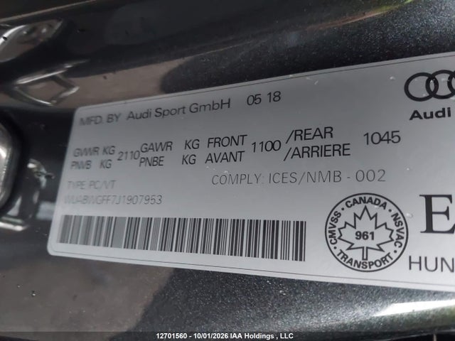 Aukcja sprzedaży 2018 Audi Rs 3 2.5t, vin: WUABWGFF7J1907953, numer aukcji: 12701560