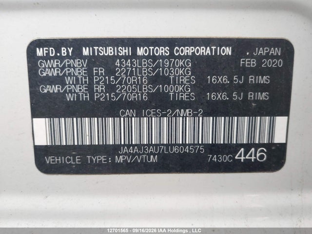 Aukcja sprzedaży 2020 Mitsubishi Rvr Es/se, vin: JA4AJ3AU7LU604575, numer aukcji: 12701565