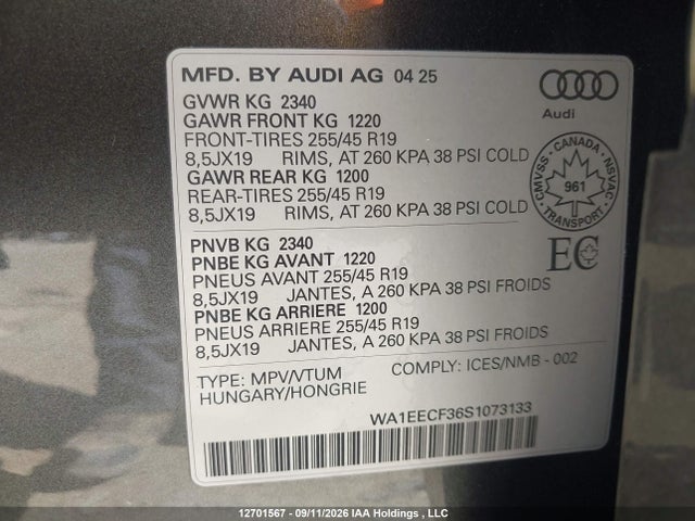 Aukcja sprzedaży 2025 Audi Q3 Premium Plus S Line 45, vin: WA1EECF36S1073133, numer aukcji: 12701567