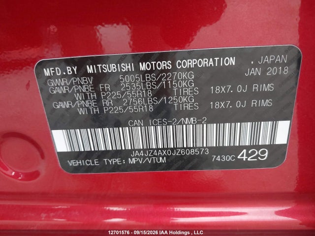 12701576 :رقم المزاد ، JA4JZ4AX0JZ608573 vin ، 2018 Mitsubishi Outlander Gt مزاد بيع