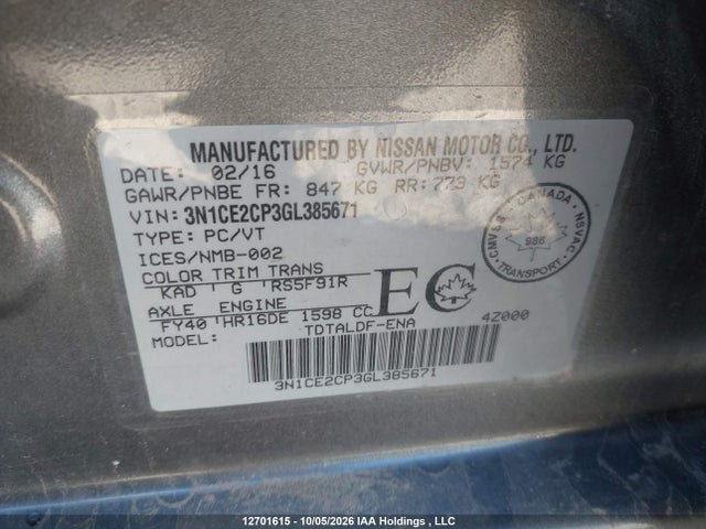 Продажа на аукционе авто 2016 Nissan Versa Note, vin: 3N1CE2CP3GL385671, номер лота: 12701615