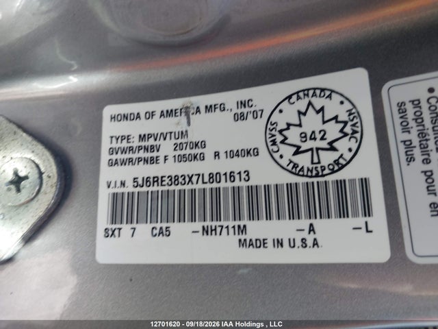 12701620 :رقم المزاد ، 5J6RE383X7L801613 vin ، 2007 Honda Cr-v Lx مزاد بيع