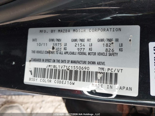 12701626 :رقم المزاد ، JM1BL1V71C1550690 vin ، 2012 Mazda 3 I مزاد بيع