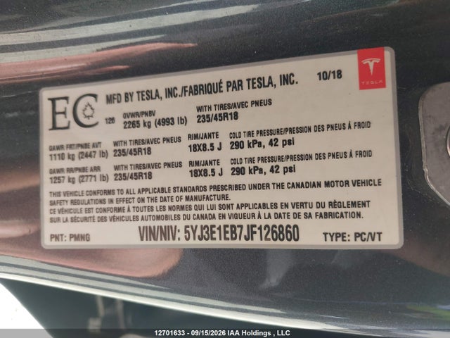 Tesla Model 3 Long Range/performance 2018 5YJ3E1EB7JF126860 Image 9