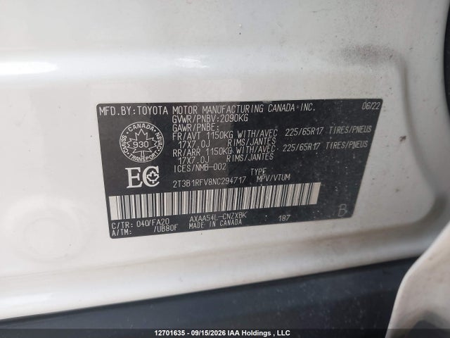 Продаж на аукціоні авто 2022 Toyota Rav4, vin: 2T3B1RFV8NC294717, номер лоту: 12701635