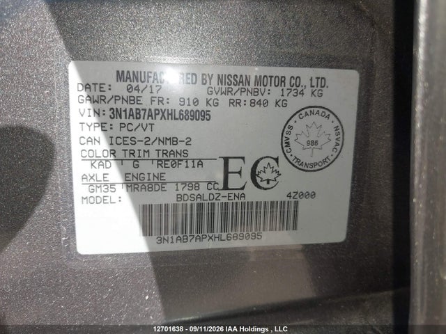 Aukcja sprzedaży 2017 Nissan Sentra S/sv/sr/sl, vin: 3N1AB7APXHL689095, numer aukcji: 12701638