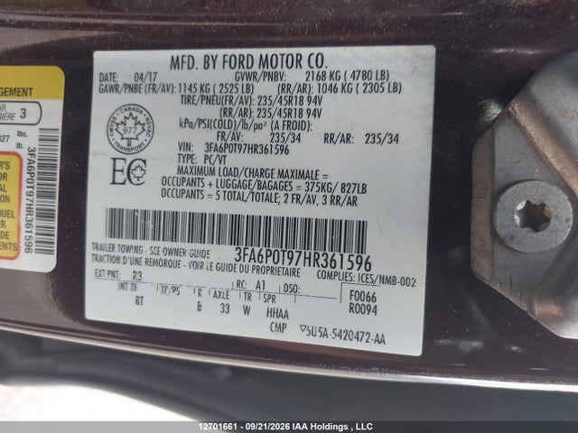 Aukcja sprzedaży 2017 Ford Fusion Se, vin: 3FA6P0T97HR361596, numer aukcji: 12701661