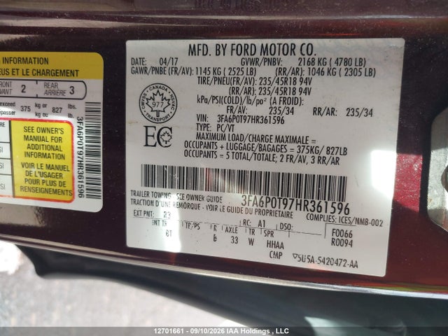 Aukcja sprzedaży 2017 Ford Fusion Se, vin: 3FA6P0T97HR361596, numer aukcji: 12701661