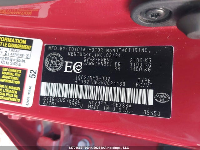 2024 Toyota Camry Xle/se მანქანა იყიდება აუქციონზე, vin: 4T1B21HK9RU021168, აუქციონის ნომერი: 12701662