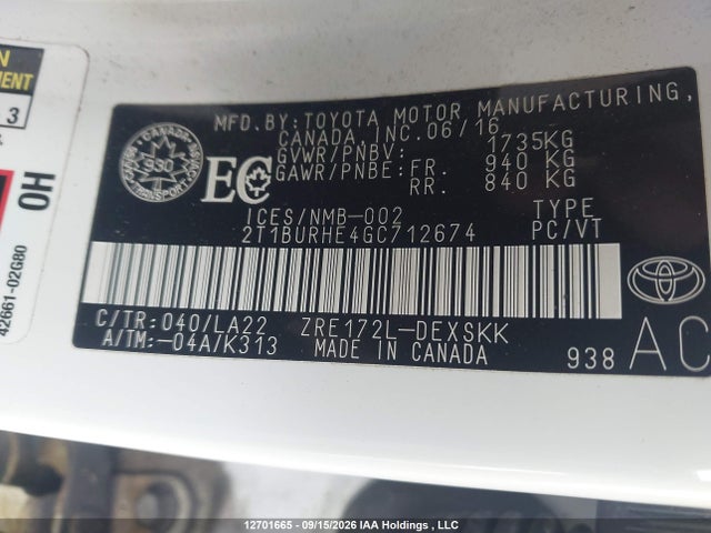 2T1BURHE4GC712674 Toyota Corolla L/le/le Pls/prm/s/s Pls