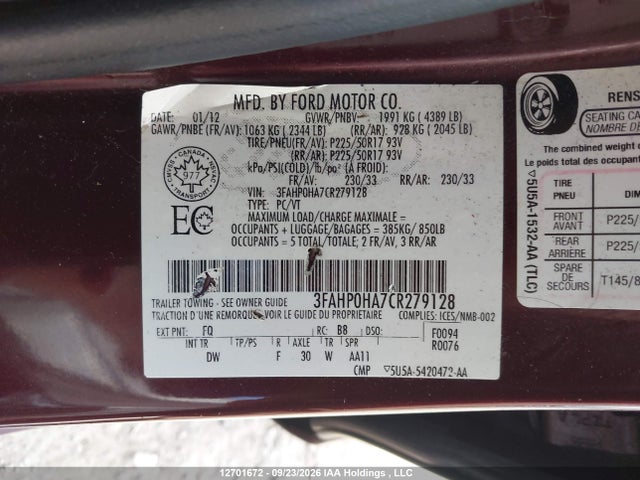 12701672 :رقم المزاد ، 3FAHP0HA7CR279128 vin ، 2012 Ford Fusion Se مزاد بيع