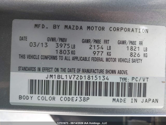 12701673 :رقم المزاد ، JM1BL1V72D1815134 vin ، 2013 Mazda 3 I مزاد بيع