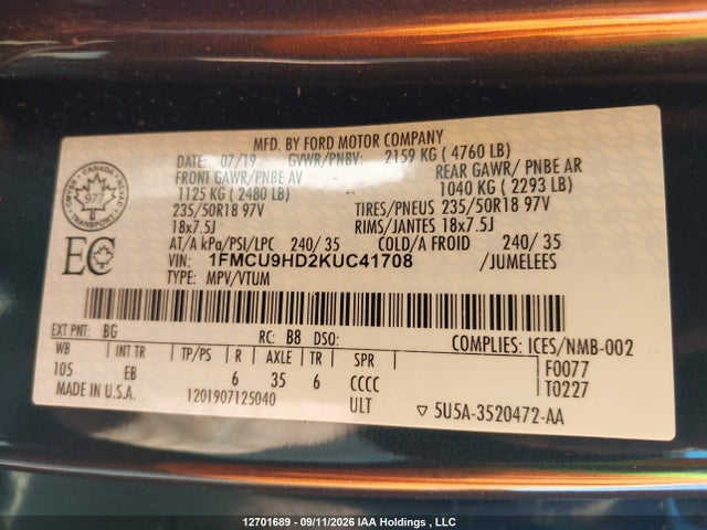 1FMCU9HD2KUC41708 Ford ESCAPE SEL