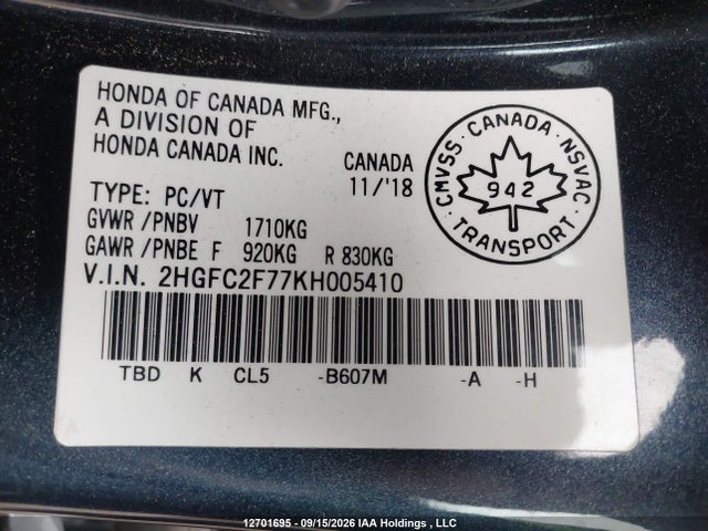 2HGFC2F77KH005410 Honda CIVIC EX